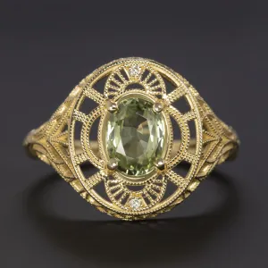 1.10ct GREEN SAPPHIRE DIAMOND RING VINTAGE STYLE ART NOUVEAU FILIGREE 14k GOLD