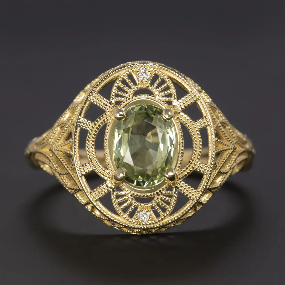 1.10ct GREEN SAPPHIRE DIAMOND RING VINTAGE STYLE ART NOUVEAU FILIGREE 14k GOLD