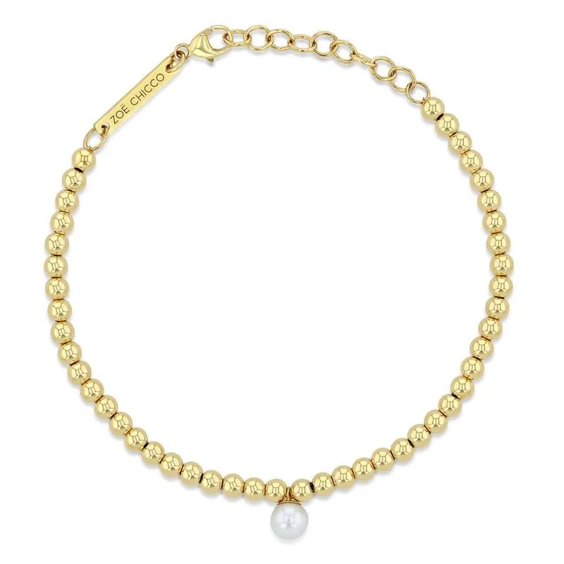 14k Pearl Charm Small Gold Bead Bracelet