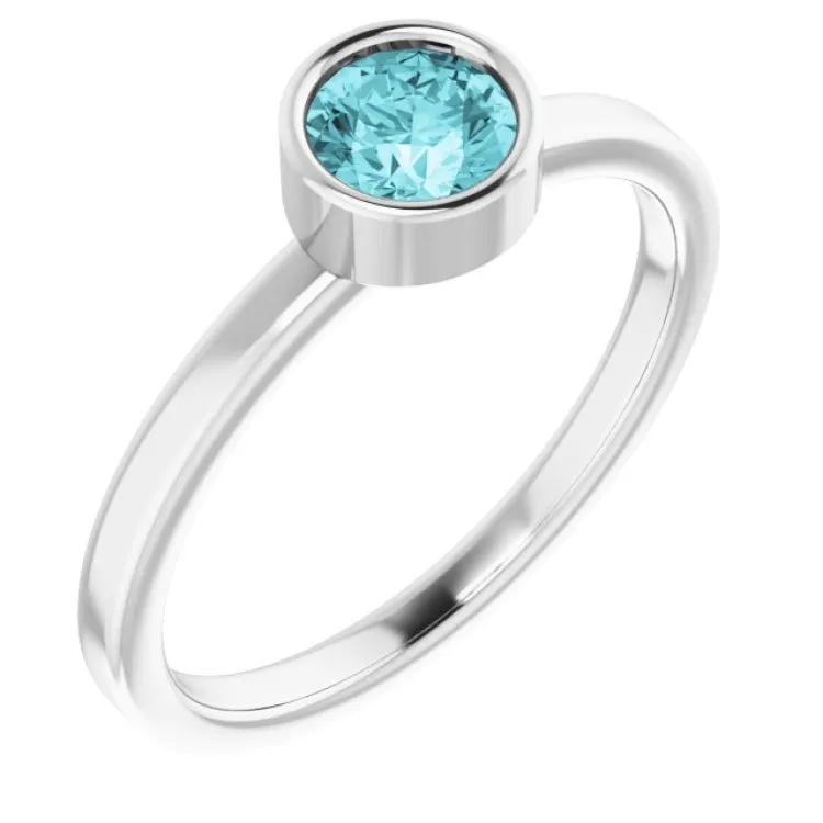 14K White 5 mm Natural Blue Zircon Ring