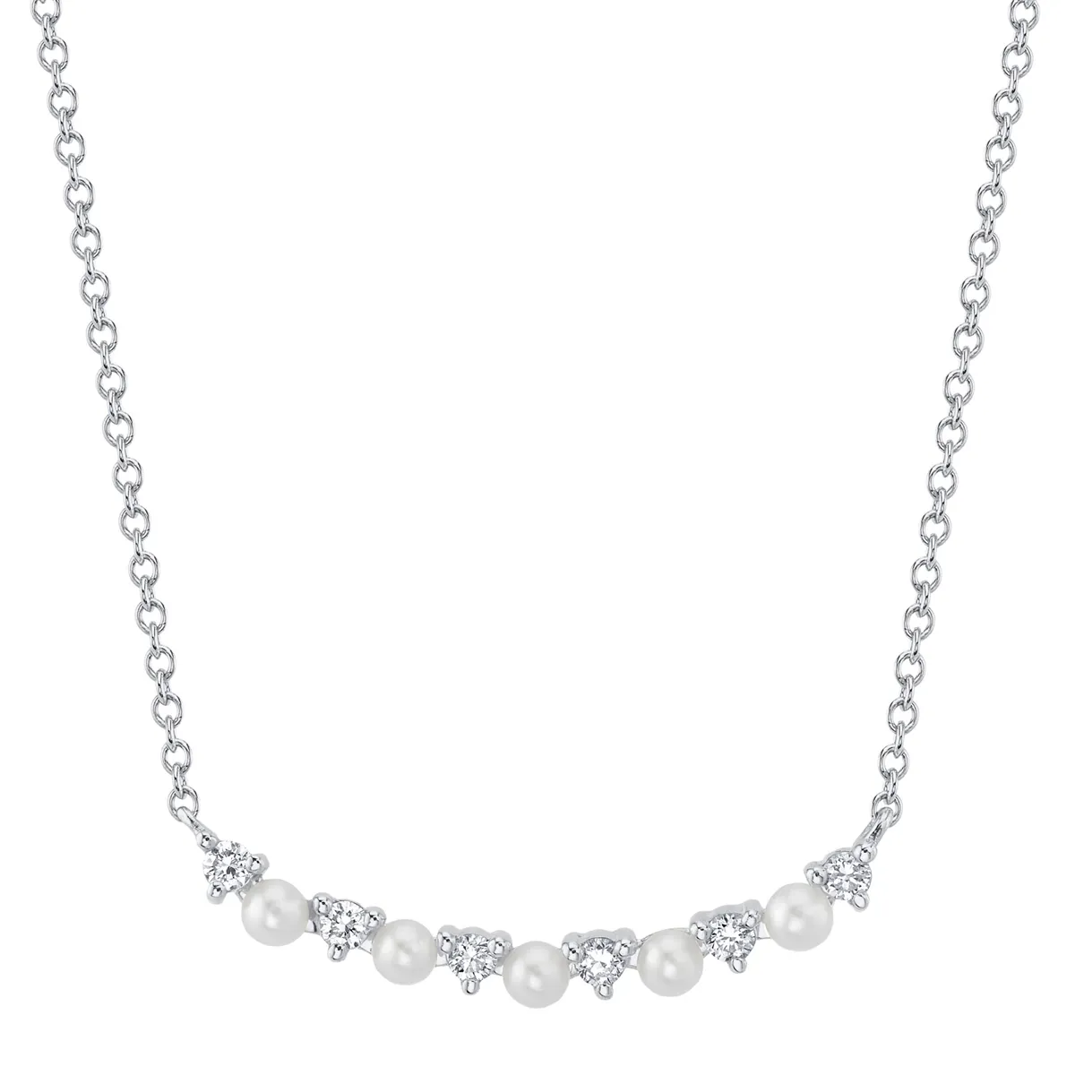 14K White Gold Diamond and Cultured Pearl Necklace