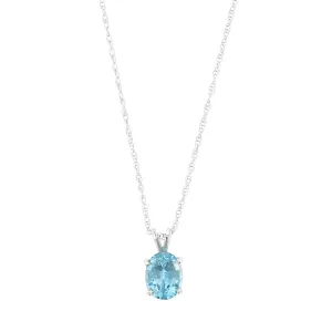 14K White Gold Oval Blue Zircon Pendant Necklace