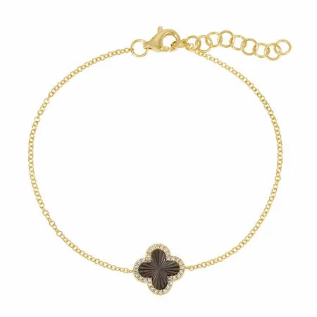 14K Yellow Gold Black Mother of Pearl and Diamond Fluted Quatrefoil Bracelet