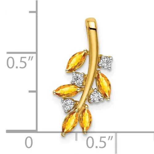 14k Yellow Gold Citrine and Diamond Leaves Pendant