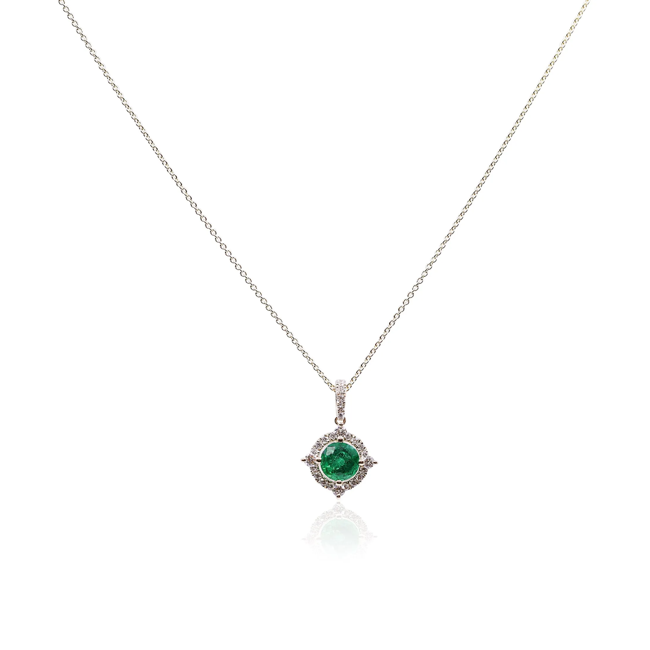 14K YELLOW GOLD DIAMOND HALO ROUND EMERALD PENDANT NECKLACE 0.24CTW