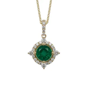 14K YELLOW GOLD DIAMOND HALO ROUND EMERALD PENDANT NECKLACE 0.24CTW