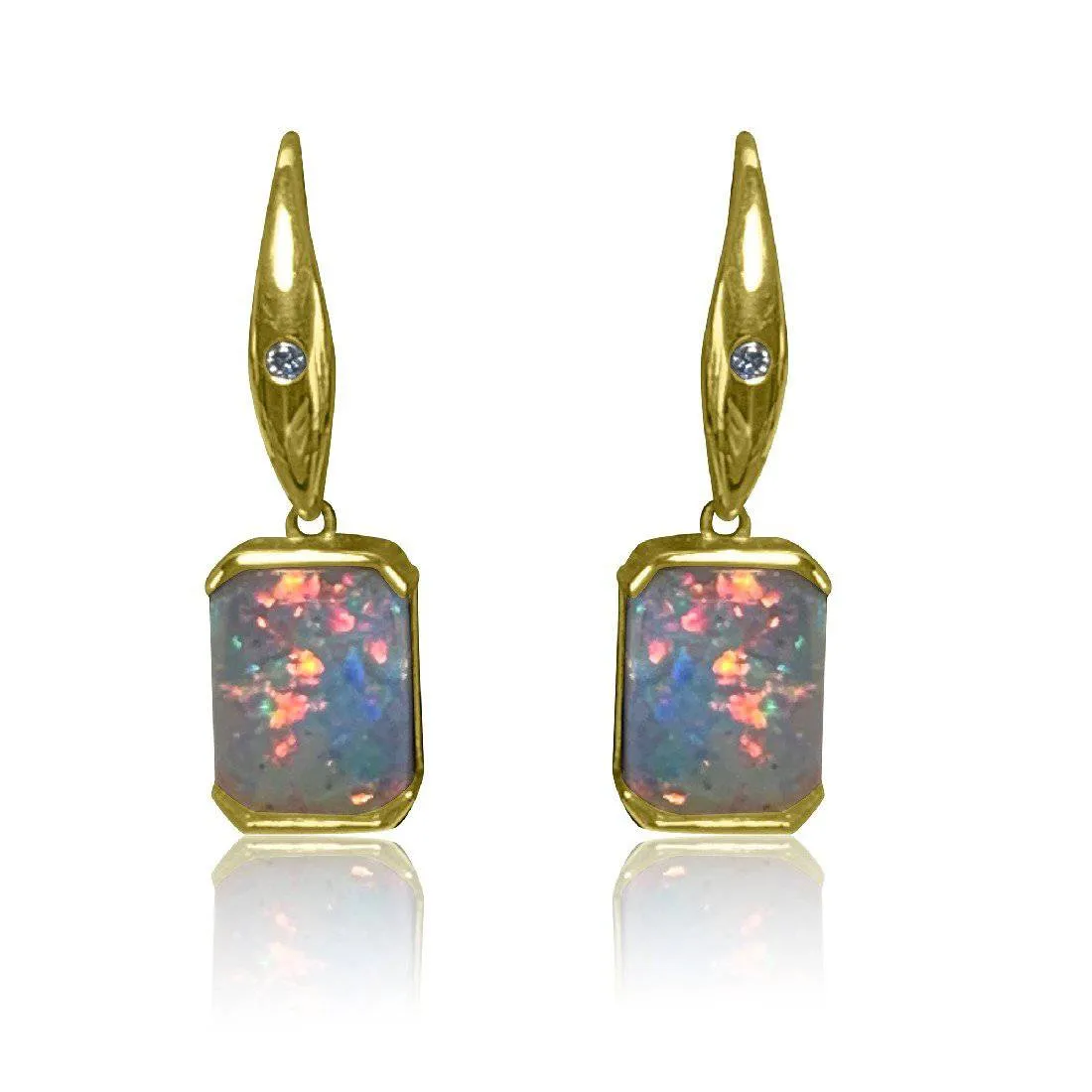 14kt Yellow Gold square White Opal earrings