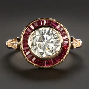 1.79ct DIAMOND RUBY VINTAGE STYLE RING ART DECO TARGET HALO NATURAL ROUND CUT