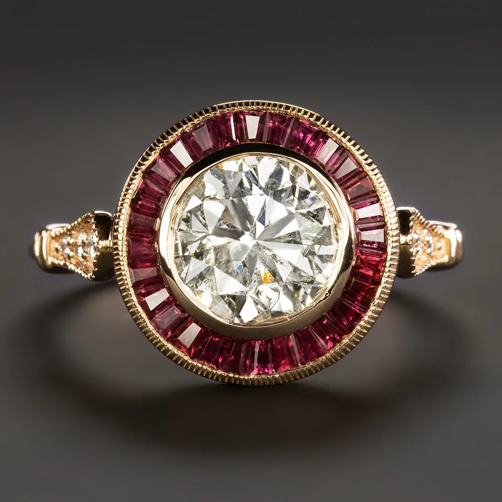 1.79ct DIAMOND RUBY VINTAGE STYLE RING ART DECO TARGET HALO NATURAL ROUND CUT