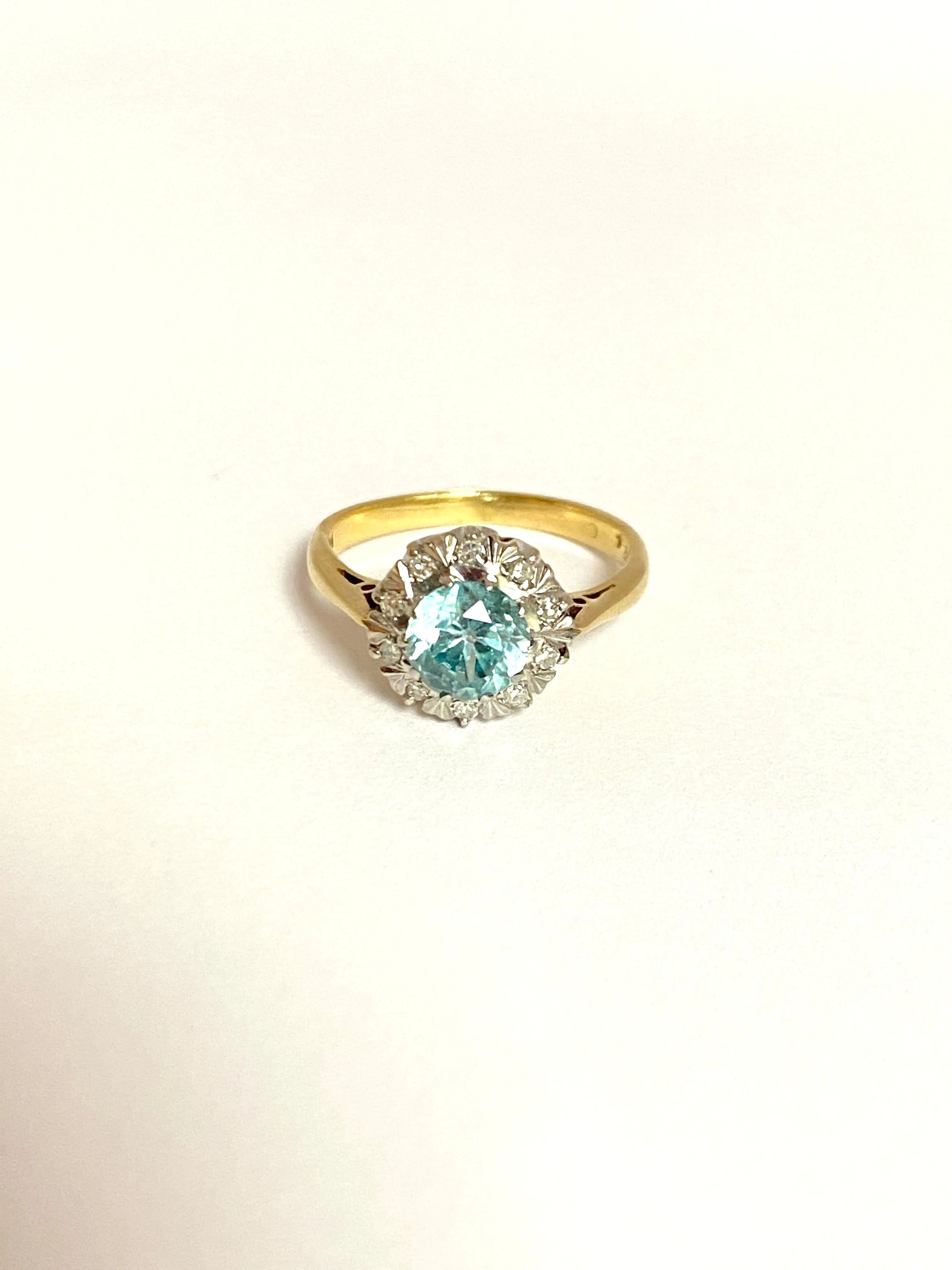 18ct Gold, Art Deco (1920s) Blue Zircon and Diamond Cluster Ring