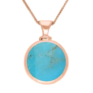 18ct Rose Gold Whitby Jet Turquoise Double Sided Round Dinky Fob Necklace