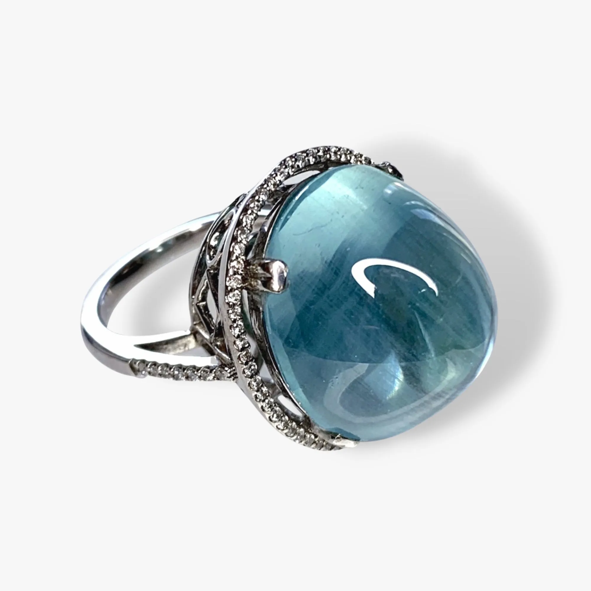 18k White Gold Sea Foam Green Aquamarine Diamond Halo Cocktail Ring