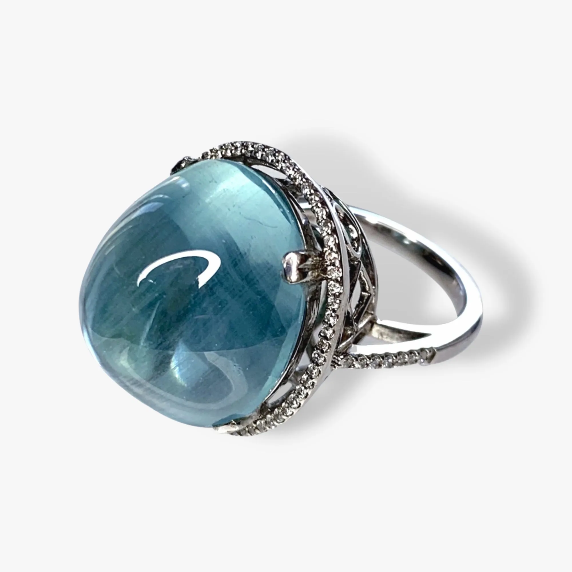 18k White Gold Sea Foam Green Aquamarine Diamond Halo Cocktail Ring