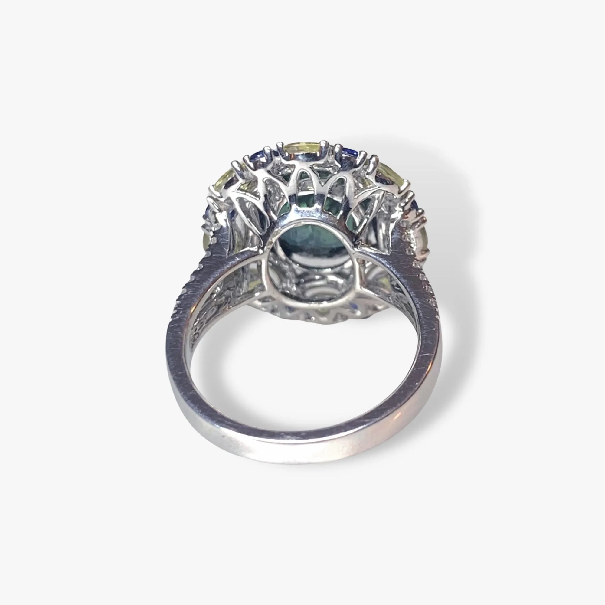 18k White Gold Teal, Blue and Yellow Sapphire Diamond Cocktail Ring