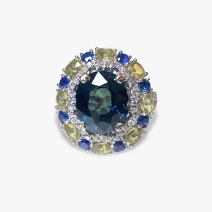 18k White Gold Teal, Blue and Yellow Sapphire Diamond Cocktail Ring