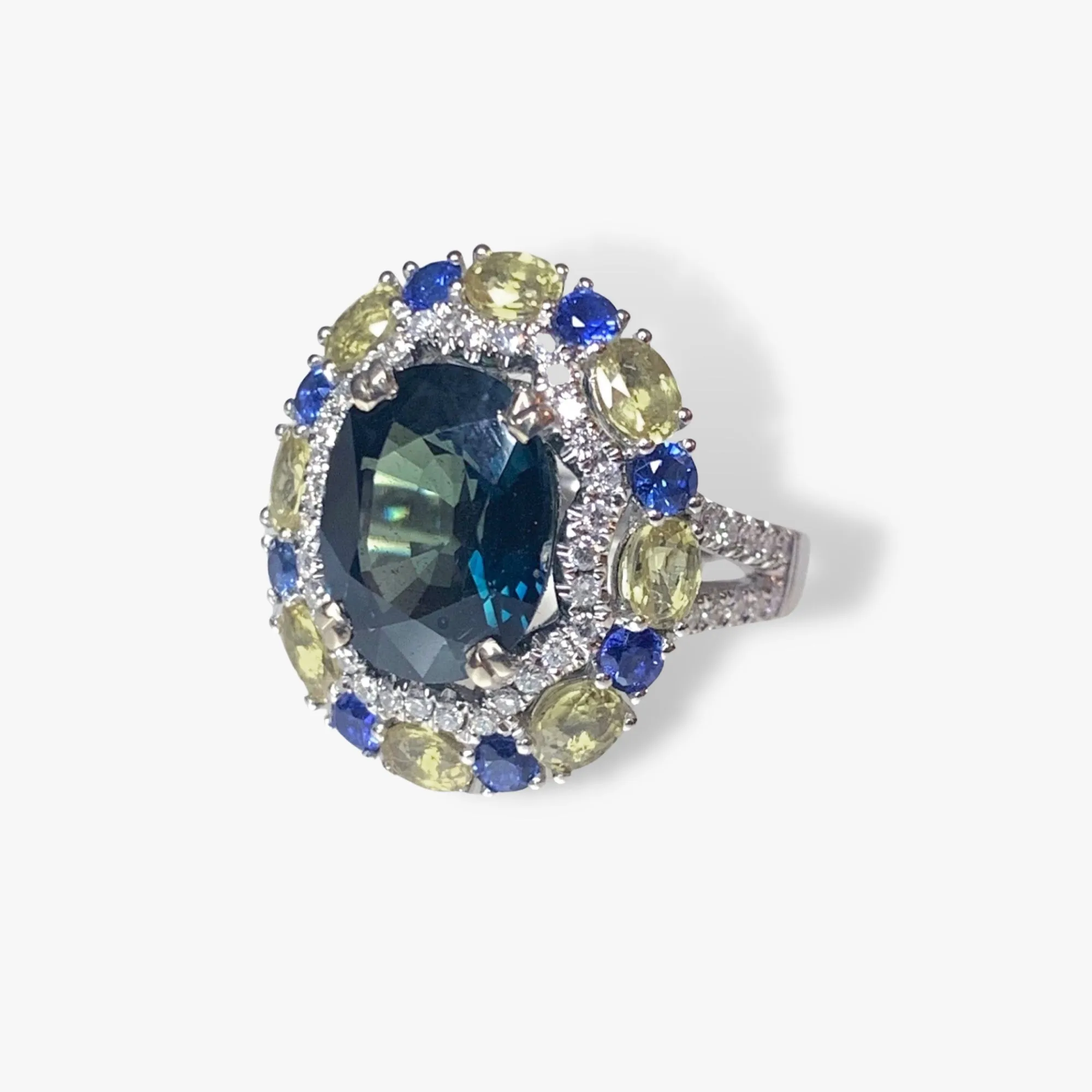 18k White Gold Teal, Blue and Yellow Sapphire Diamond Cocktail Ring