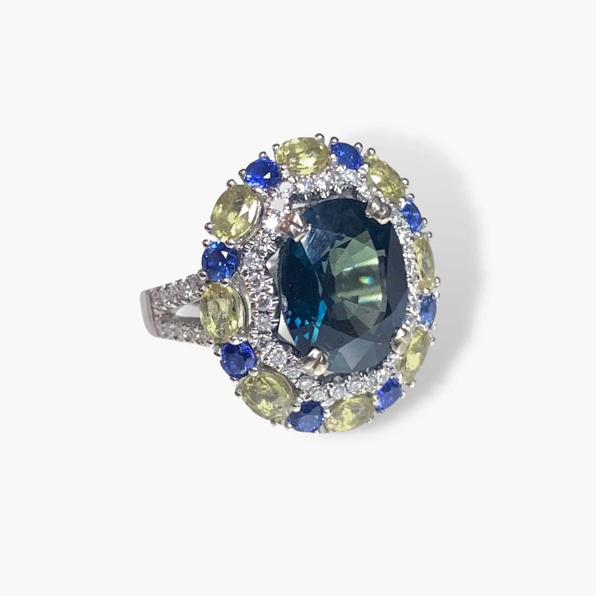 18k White Gold Teal, Blue and Yellow Sapphire Diamond Cocktail Ring