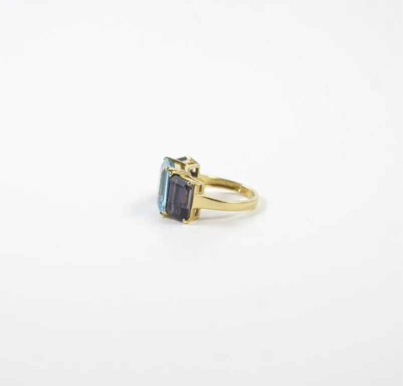 18kt Yellow Gold Emerald Cut Ring with Blue Topaz and Iolite