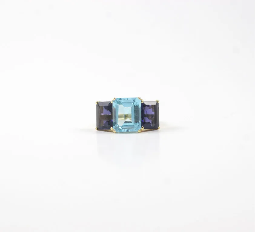 18kt Yellow Gold Emerald Cut Ring with Blue Topaz and Iolite