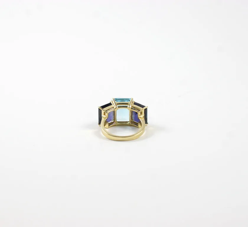 18kt Yellow Gold Emerald Cut Ring with Blue Topaz and Iolite