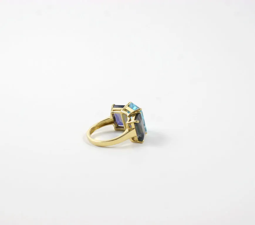 18kt Yellow Gold Emerald Cut Ring with Blue Topaz and Iolite