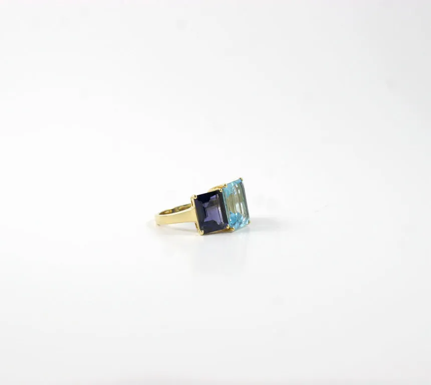 18kt Yellow Gold Emerald Cut Ring with Blue Topaz and Iolite