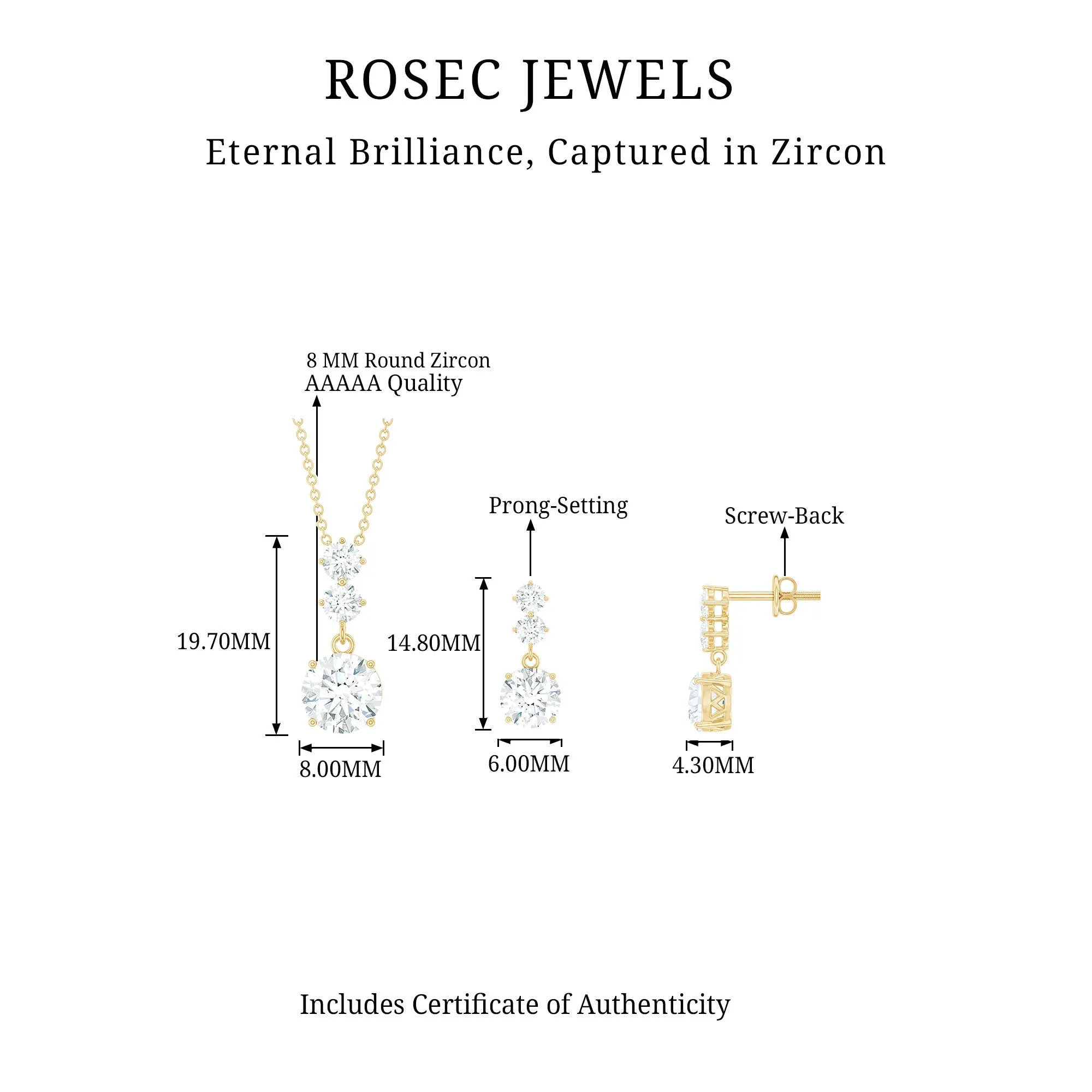 5 CT Three Stone Zircon Dangle Pendant Earrings Set
