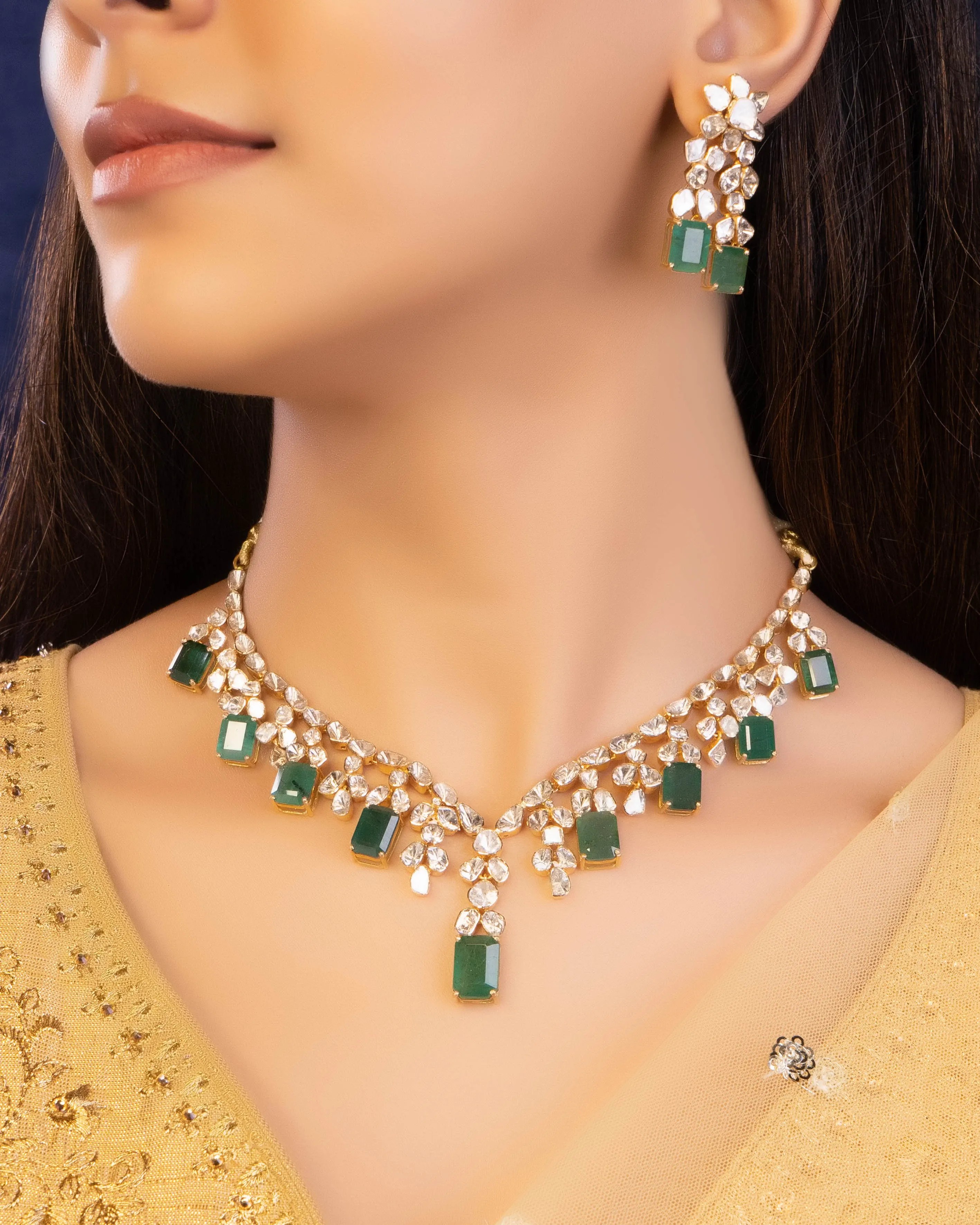 Afsha Necklace And Nadiya Long Earrings Polki Set