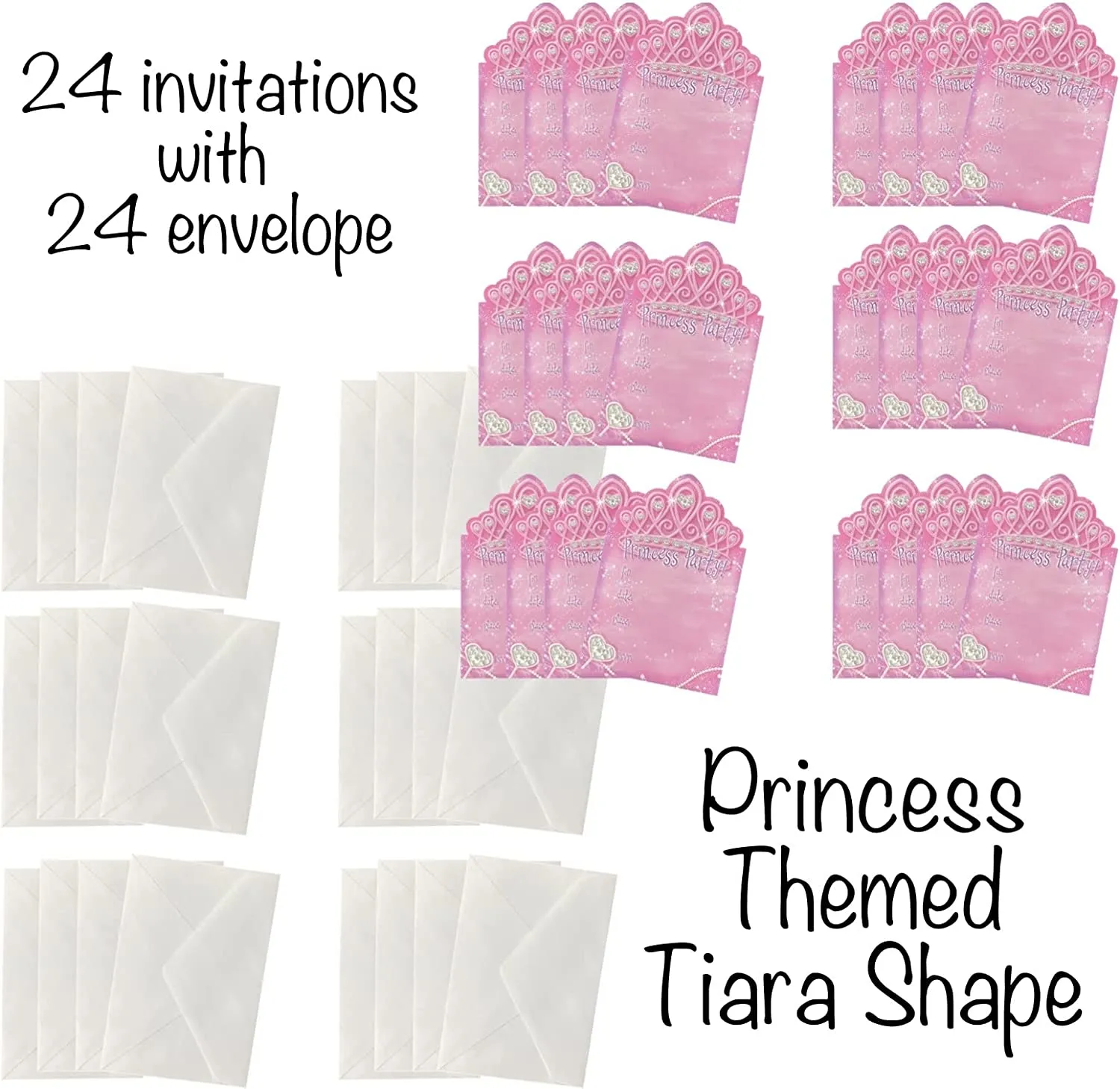 ALAZCO 24 Tiara Shaped Fill-in Invitations – Baby Shower Birthday Royal Queen Princess Party Play Dates Tea Party Magical Fairy Tale Themed Party Supply Enchanted Tiara Invite Cards with Envelopes