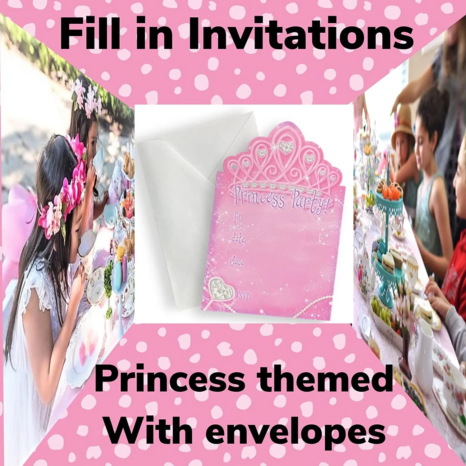 ALAZCO 24 Tiara Shaped Fill-in Invitations – Baby Shower Birthday Royal Queen Princess Party Play Dates Tea Party Magical Fairy Tale Themed Party Supply Enchanted Tiara Invite Cards with Envelopes
