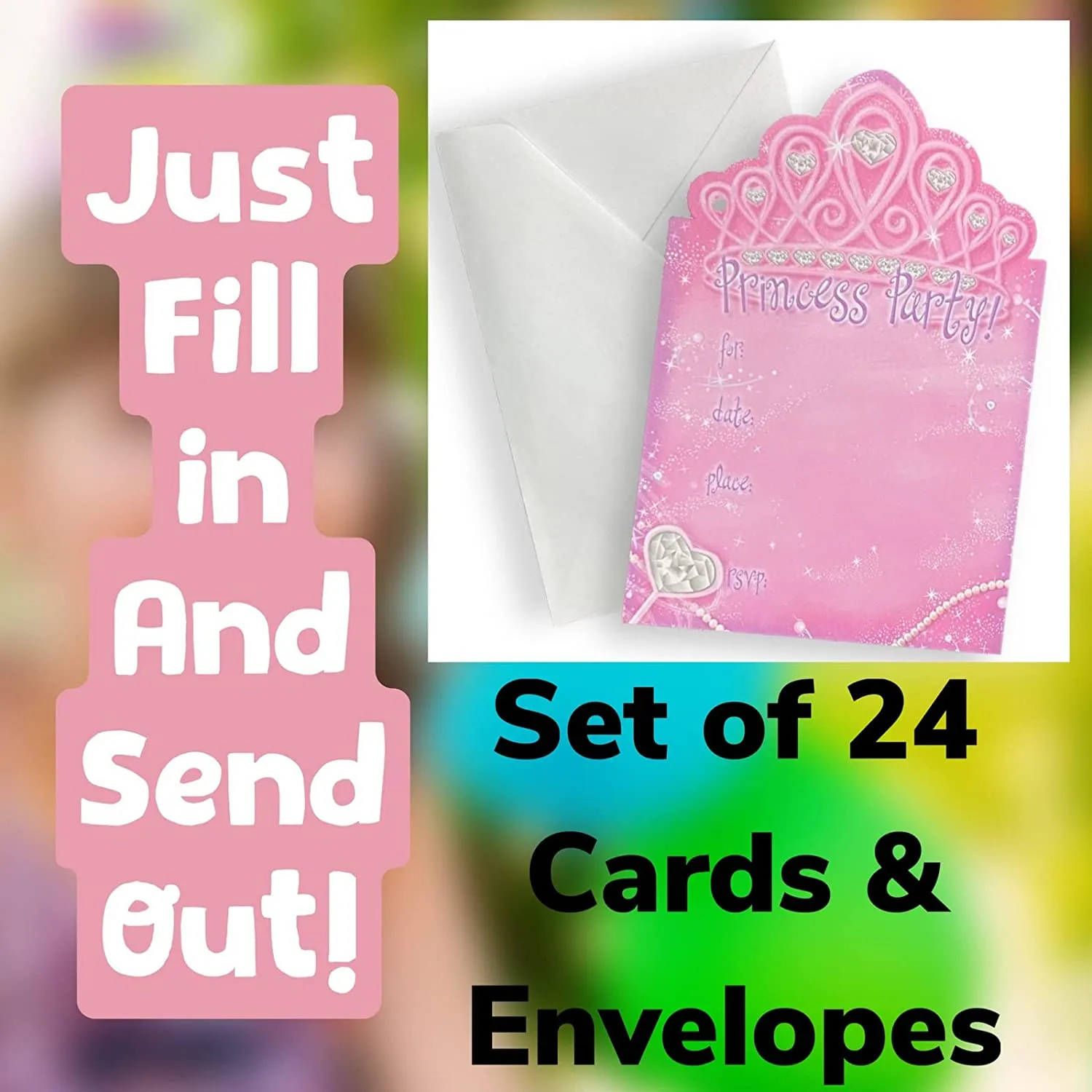 ALAZCO 24 Tiara Shaped Fill-in Invitations – Baby Shower Birthday Royal Queen Princess Party Play Dates Tea Party Magical Fairy Tale Themed Party Supply Enchanted Tiara Invite Cards with Envelopes