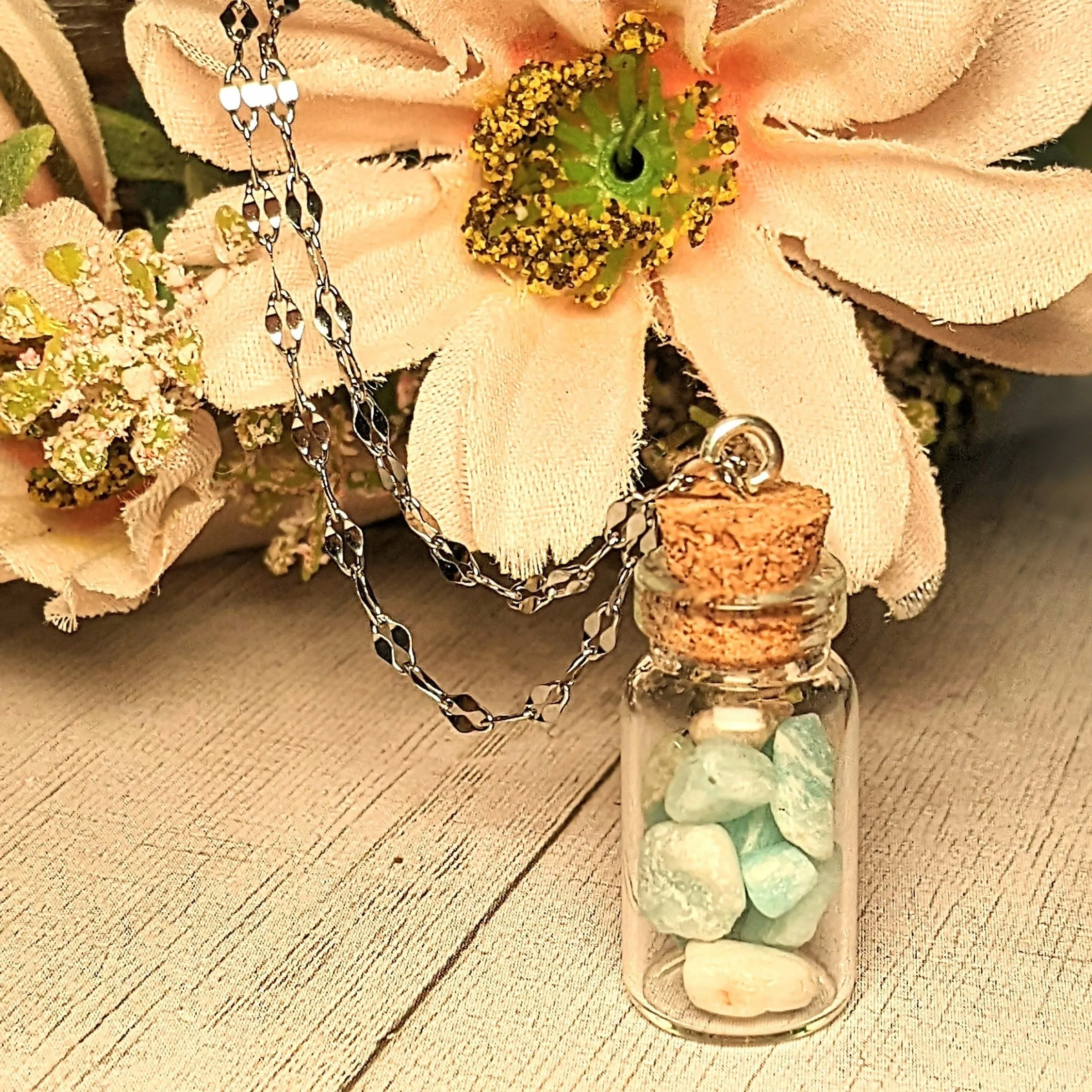 Amazonite Gemstone Bottle Necklace, 20 or 24 inch, Silver/Gold