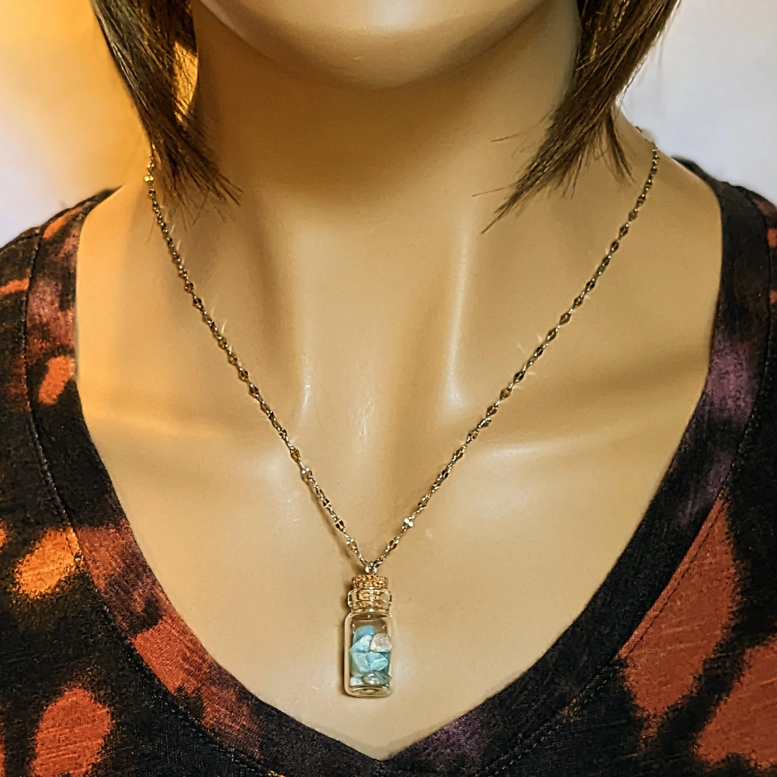 Amazonite Gemstone Bottle Necklace, 20 or 24 inch, Silver/Gold