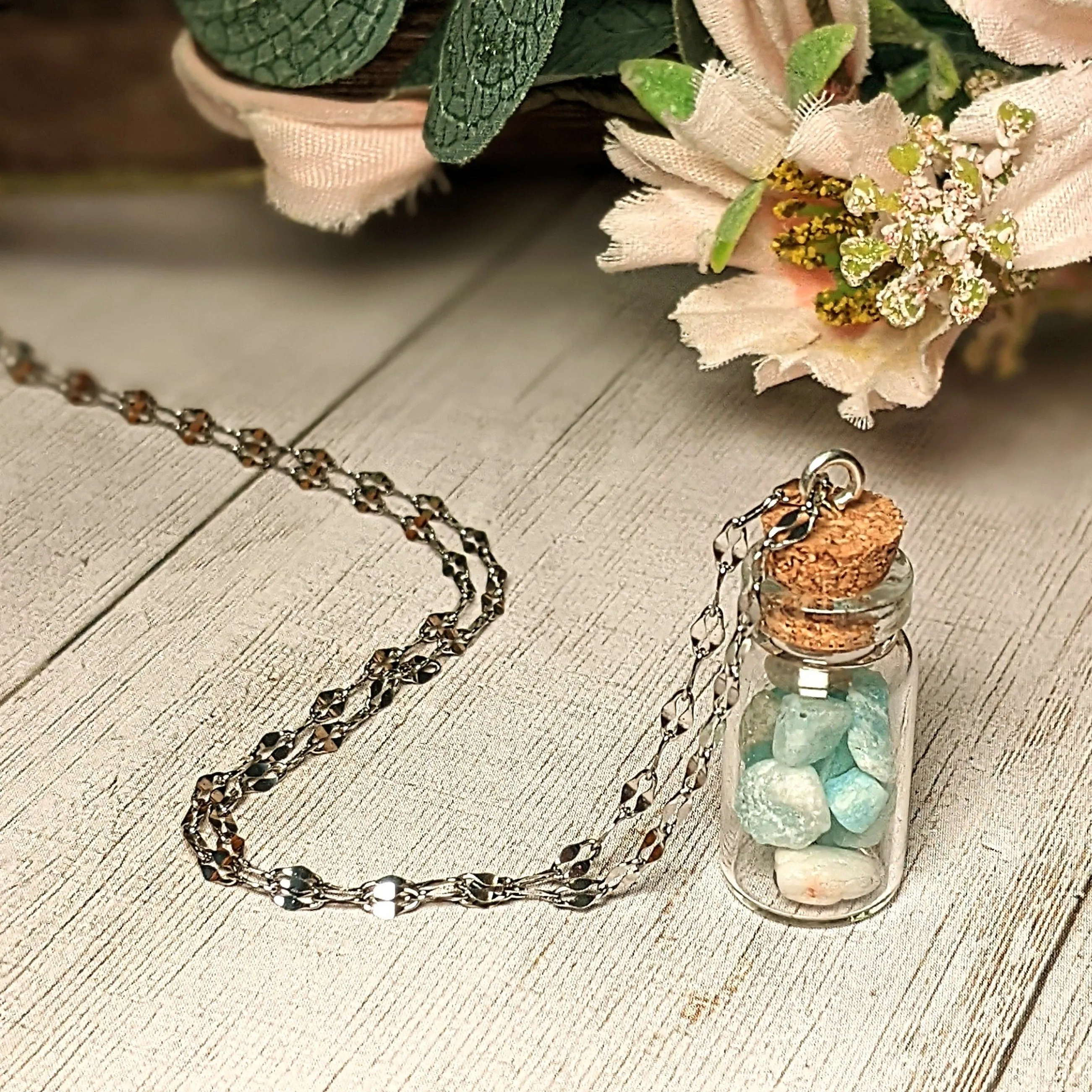 Amazonite Gemstone Bottle Necklace, 20 or 24 inch, Silver/Gold