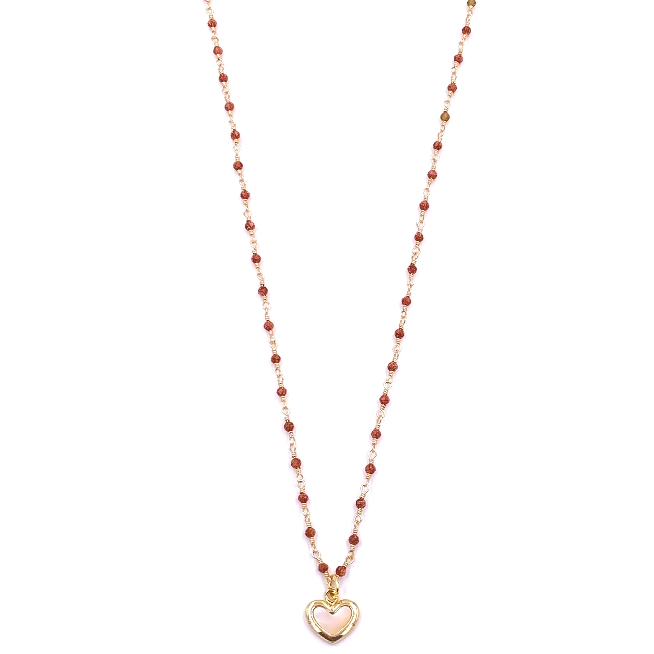 Ashley Gold Stainless Steel Gold Plated Semi Precious Red Beads With White Enamel Heart Pendant Necklace