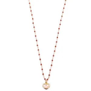 Ashley Gold Stainless Steel Gold Plated Semi Precious Red Beads With White Enamel Heart Pendant Necklace