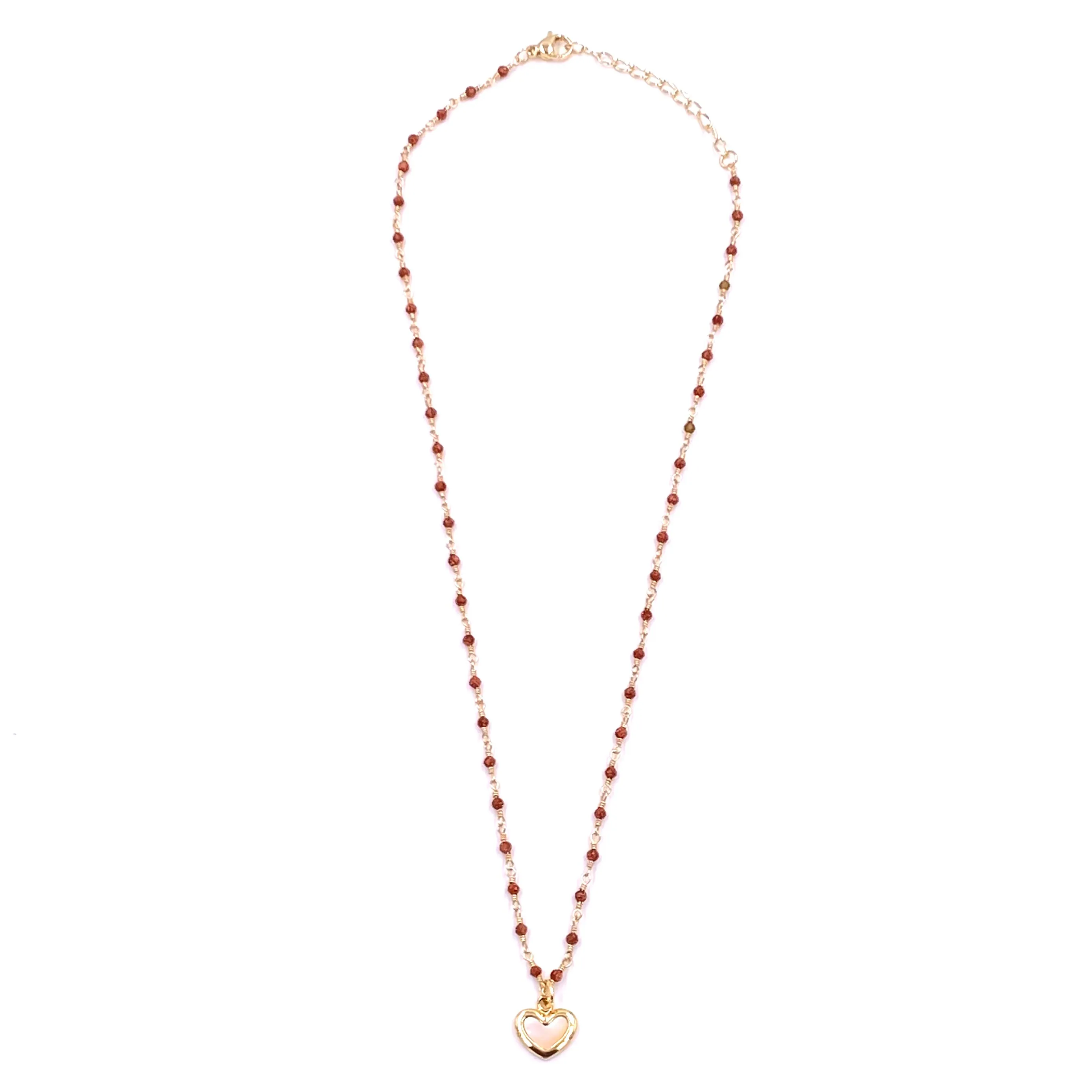 Ashley Gold Stainless Steel Gold Plated Semi Precious Red Beads With White Enamel Heart Pendant Necklace