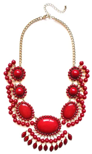 Bauble Fan Fringe Statement Necklace- Red