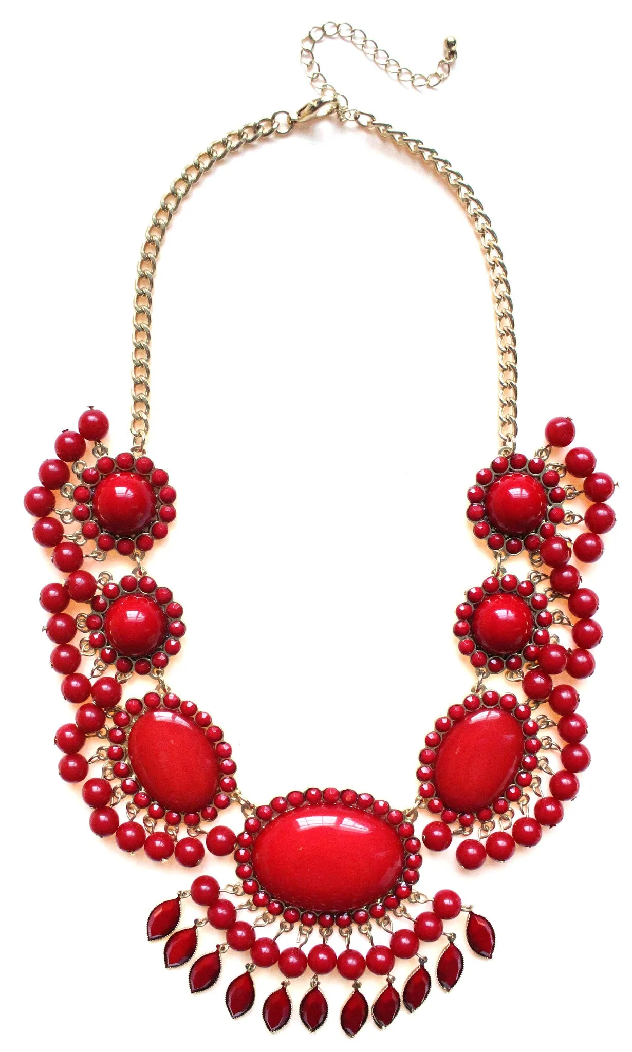Bauble Fan Fringe Statement Necklace- Red