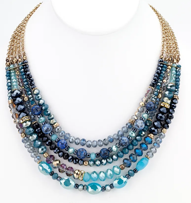 Beaded Glass Statement Necklace - Blue