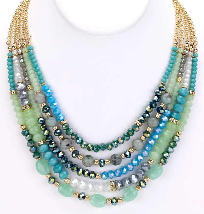 Beaded Glass Statement Necklace - Blue