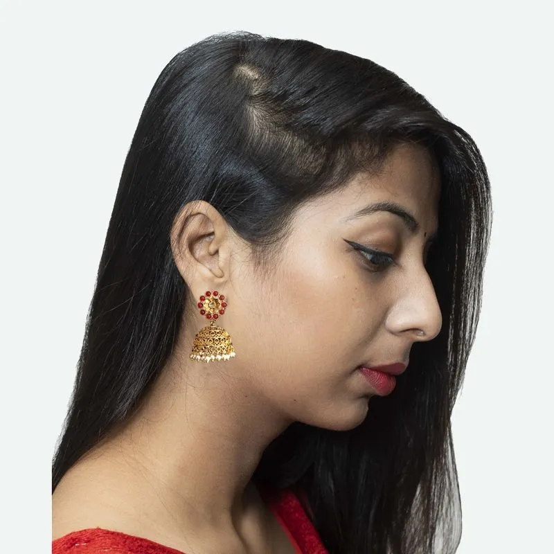 Beautiful Gold Look Jhumki With Ruby Stones And Pearl Latkan