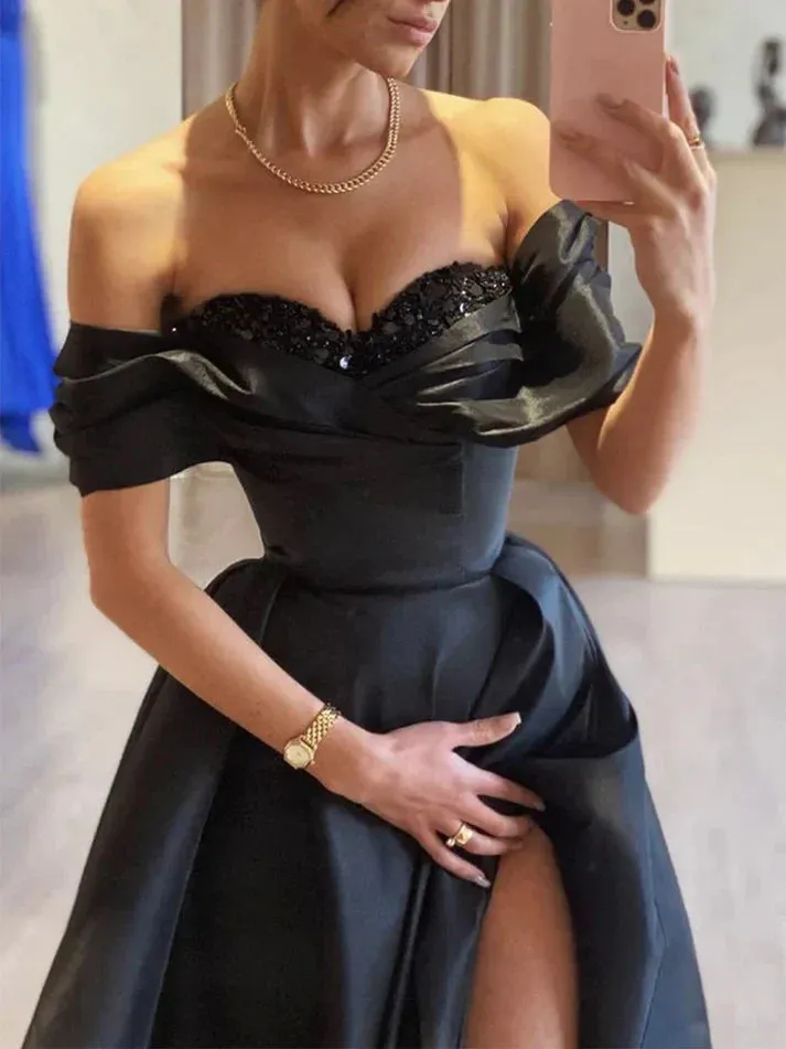 Black A-Line Off Shoulder Satin Long Prom Dress Evening Dress With Slit Charming