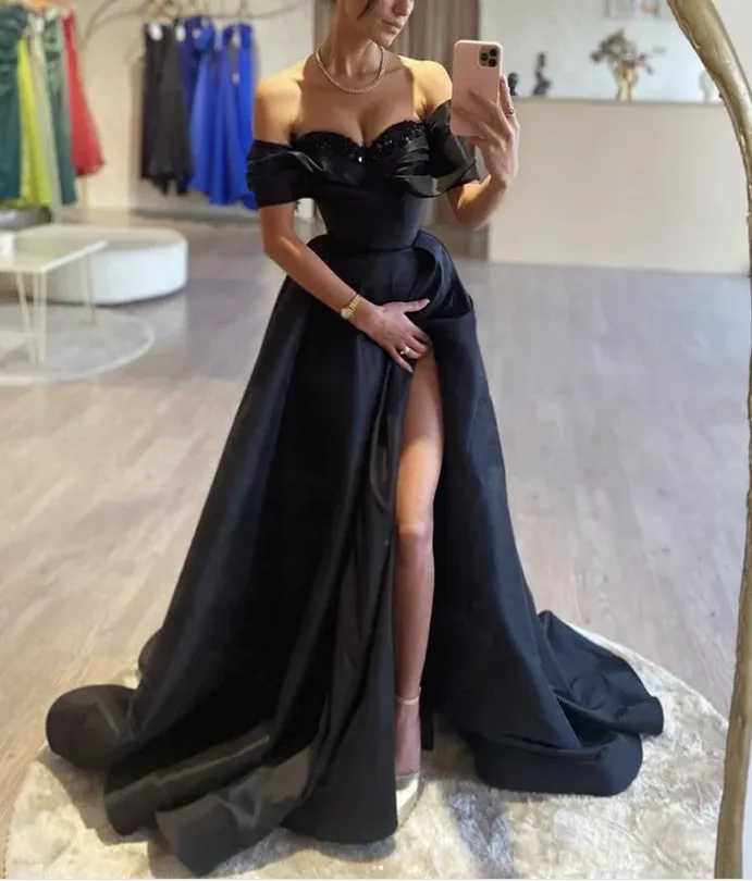 Black A-Line Off Shoulder Satin Long Prom Dress Evening Dress With Slit Charming