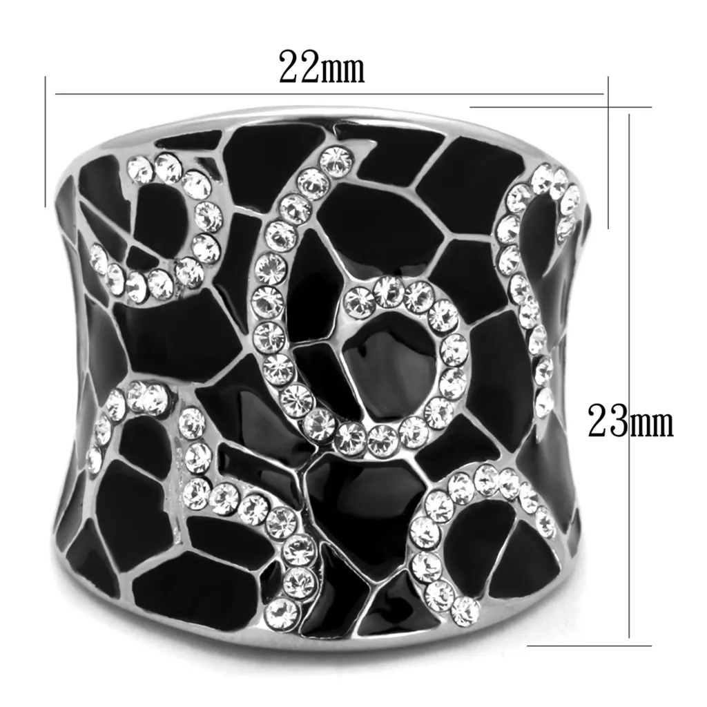 Black Epoxy and Stainless Steel 316 Crystal Cocktail Fashion Ring Womens Size 5-10