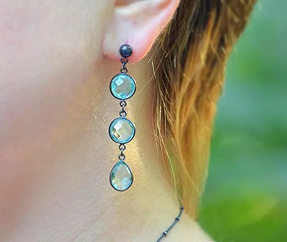Blue Topaz Triple drop Bezel Set Stud Earrings - December Birthstone