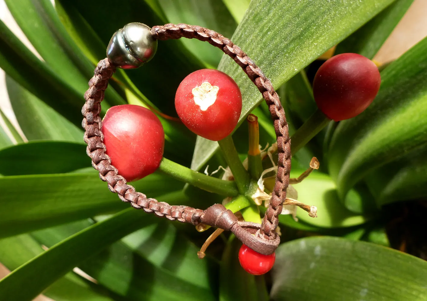 Bracelet perle de tahiti sur cuir tressé pour homme ou femme.