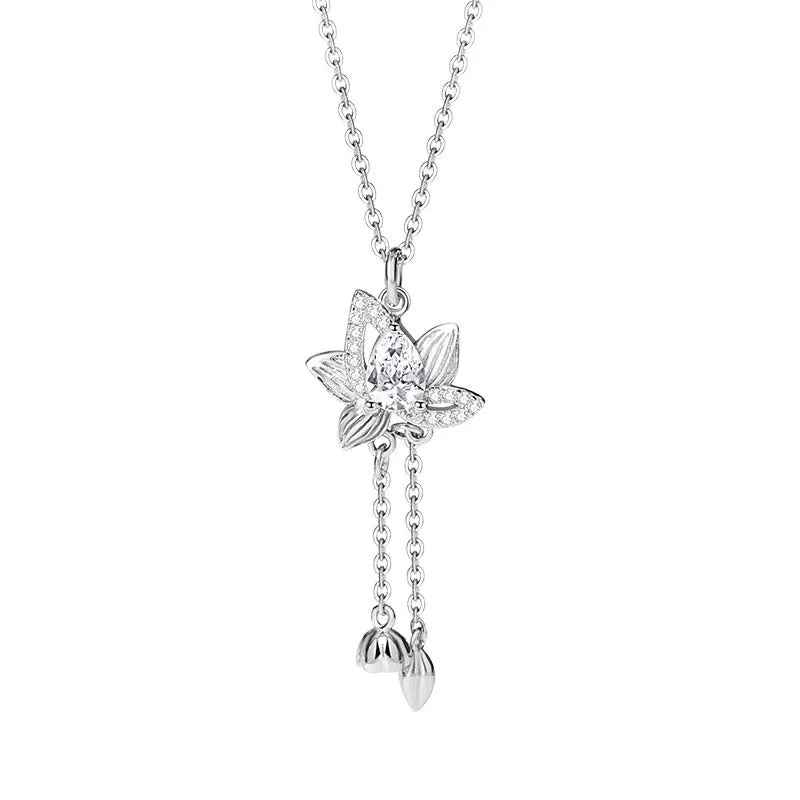 Buddha Stones 925 Sterling Silver Lotus Zircon Enlightenment Necklace Pendant