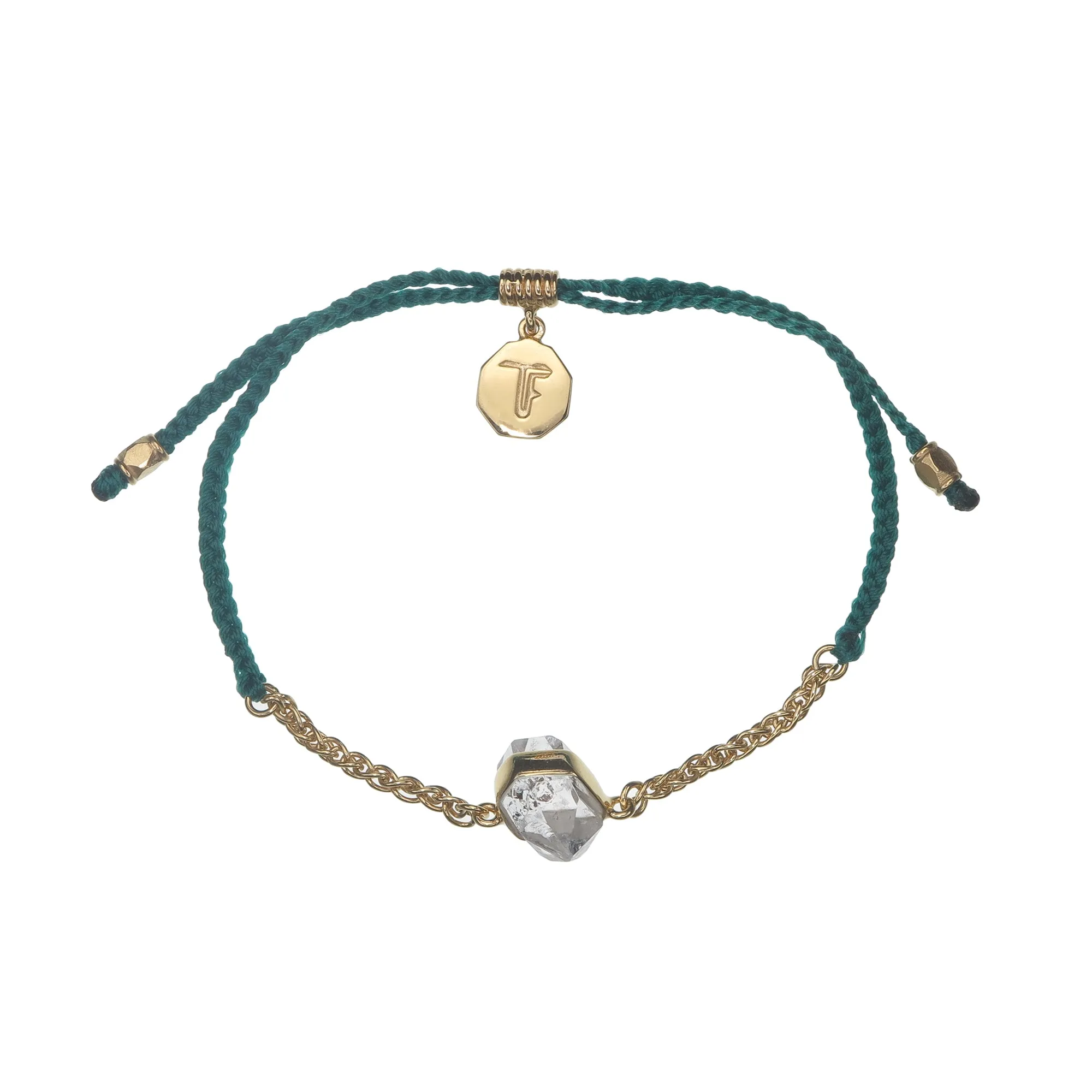 CHAIN & CORD CRYSTAL BRACELET - DIAMOND QUARTZ - BOTANICAL GREEN - GOLD