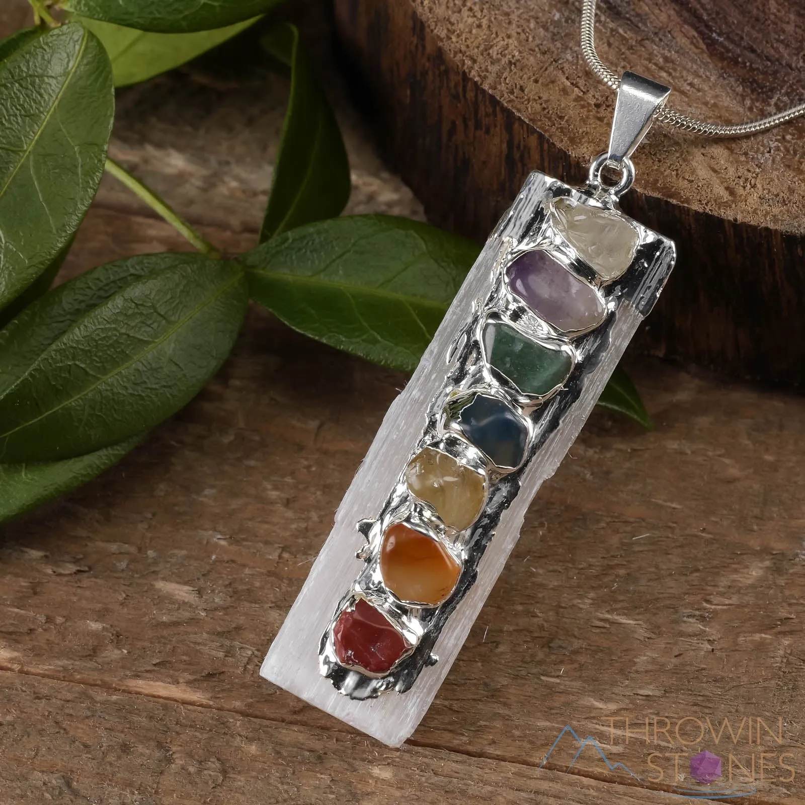 CHAKRA & Raw SELENITE Crystal Pendant - Raw Crystal Necklace, Handmade Jewelry, Healing Crystals and Stones, E0284